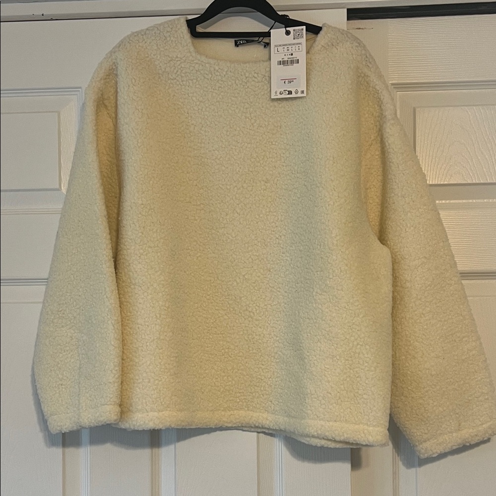 NWT - Zara Off-White Cozy Square Neck Sherpa Pullover - Size Large
